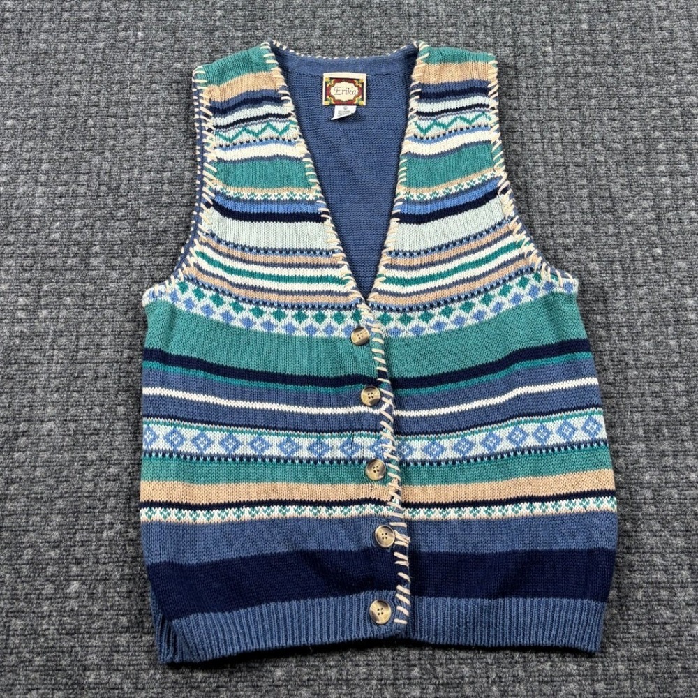 Erika Vintage Fair Isle Button Front Sweater Vest Size Large Blue Green Striped